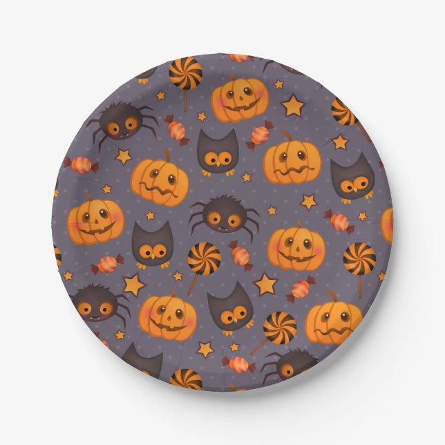 Cute Halloween Pattern Purple Background Paper Plate (Front)