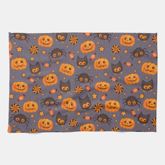Cute Halloween Pattern Purple Background Tea Towel (Horizontal)