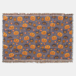 Cute Halloween Pattern Purple Background Throw Blanket