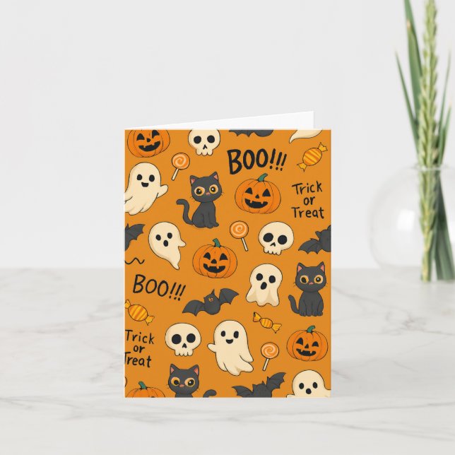 Cute Halloween Pattern with Ghosts, Pumpkins, Cats Card (Front)