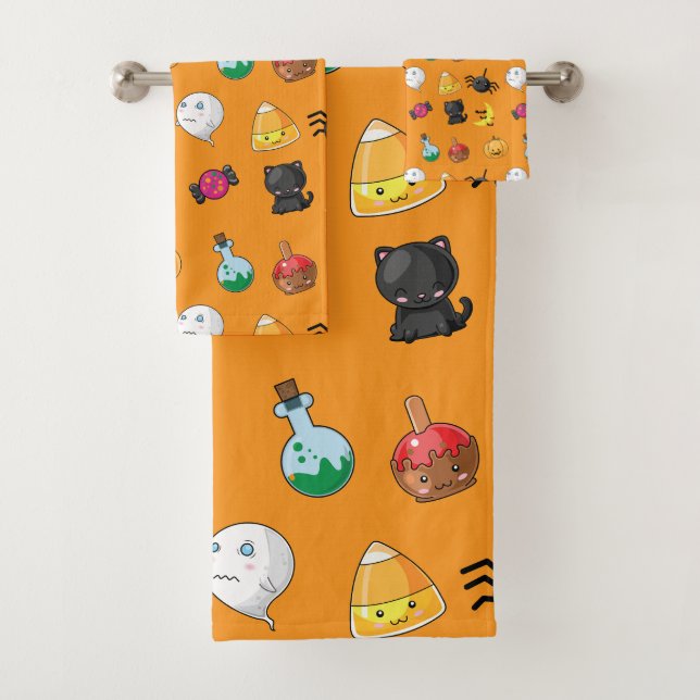 Cute Halloween Pattern with orange background Bath Towel Set (Insitu)