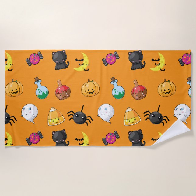 Cute Halloween Pattern with orange background Beach Towel (Front)