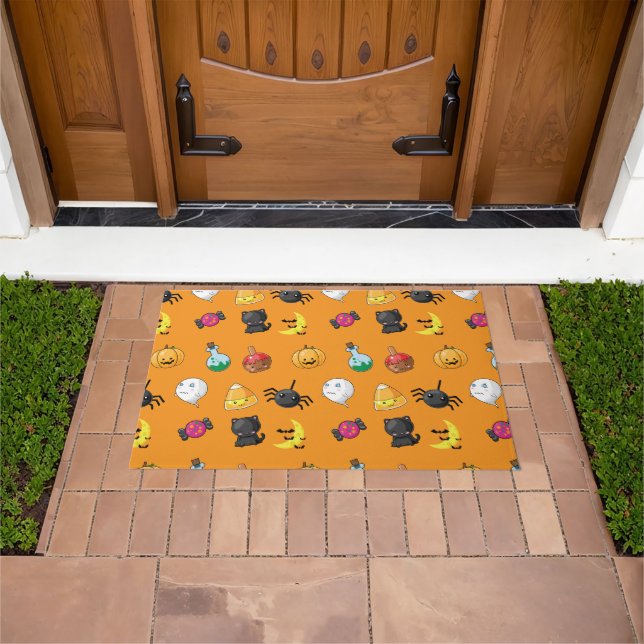 Cute Halloween Pattern with orange background Doormat (Outdoor)