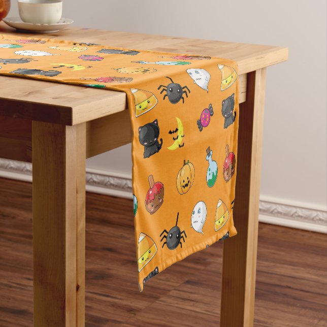 Cute Halloween Pattern with orange background Short Table Runner (In Situ)