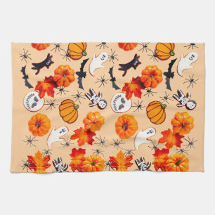 Cute Halloween Pattern with Pumpkins, Ghosts Tea Towel