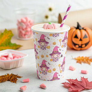 Cute Halloween Pattern with Witch and Pumpkins Paper Cups