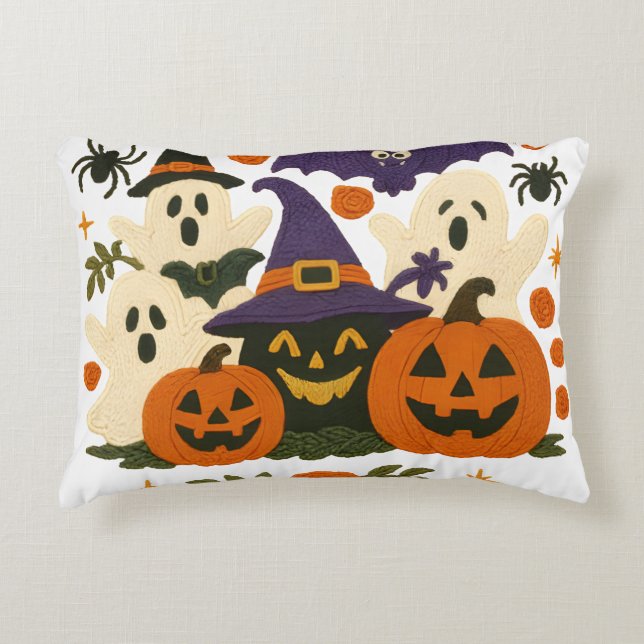 Cute Halloween Pillow – Adorable Ghosts, Pumpkins  (Front)