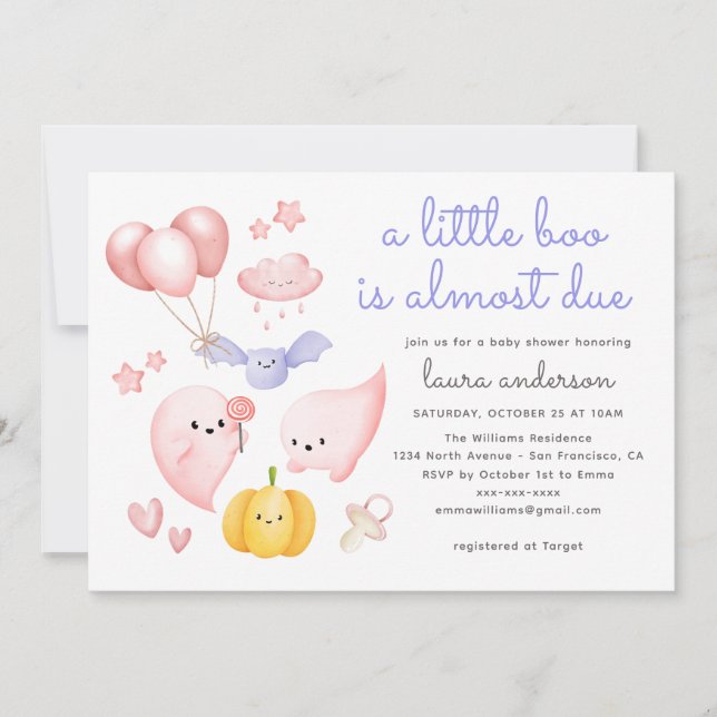 Cute Halloween Pink Ghost A Little Boo Baby Shower Invitation (Front)