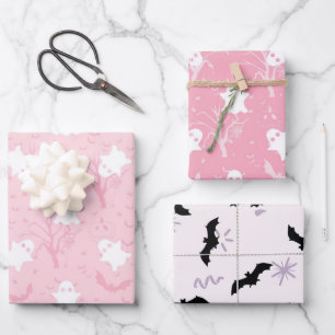 Cute halloween pink ghost and bat wrapping paper sheet