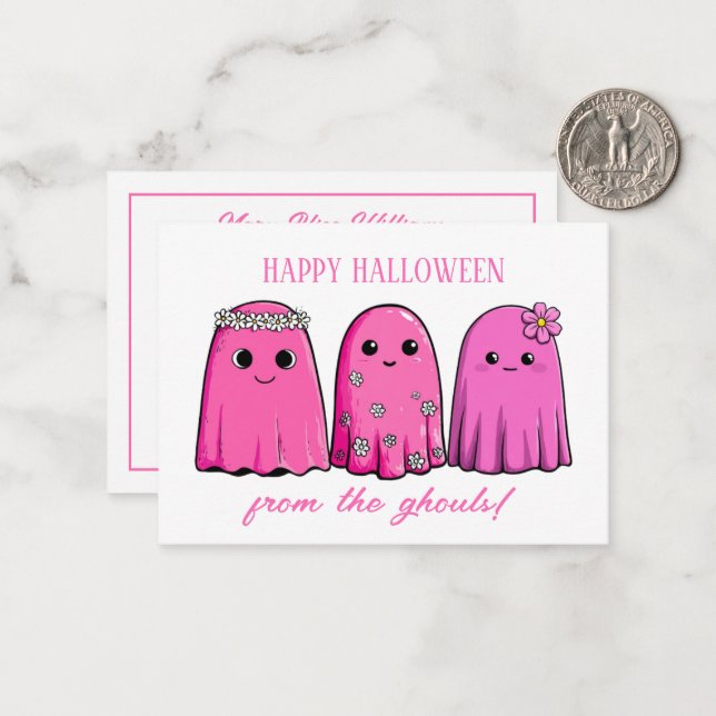 Cute Halloween Pink Girl Ghosts with Flowers Card (Front/Back In Situ)