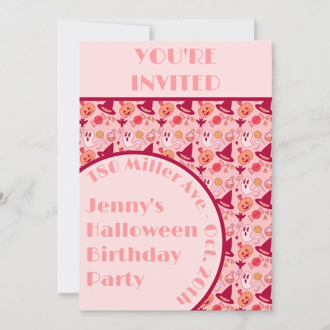 Cute Halloween Pink Girl's Birthday Party Invitation (Front)