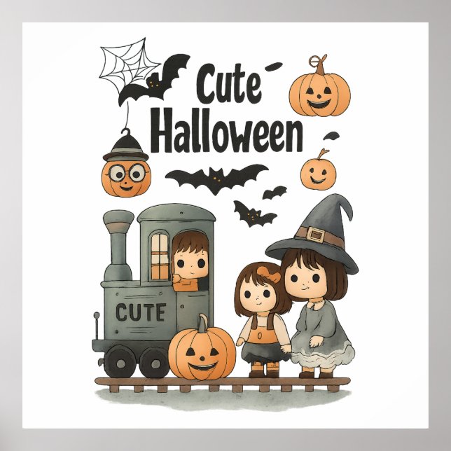 Cute Halloween Poster – Ghost, Witch & Boo Train D (Front)
