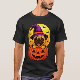 Cute Halloween Pug Pumpkin Witch Hat Costume Puppy T-Shirt