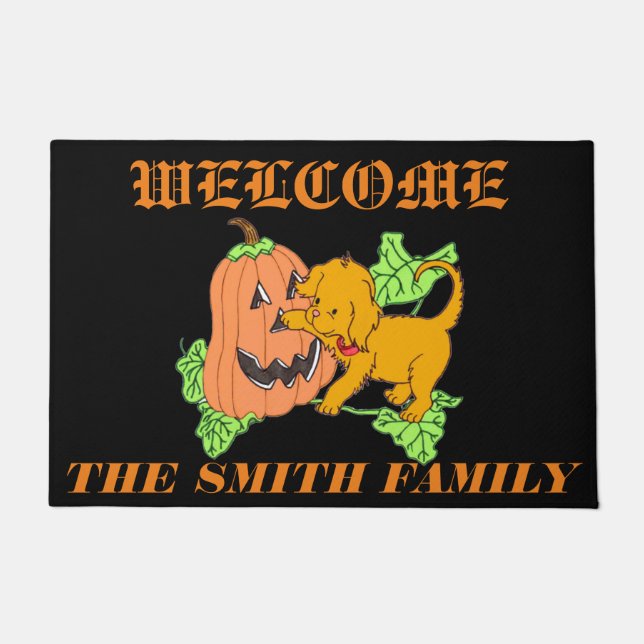 Cute Halloween Pumpkin and Puppy Doormat (Front)