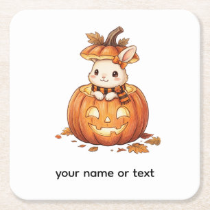 Cute Halloween Pumpkin Bunny - Cosy Fall Rabbit Ar Square Paper Coaster