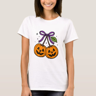 Cute Halloween Pumpkin Cherries with Purple Bow T-Shirt