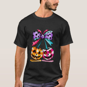 Cute Halloween Pumpkin Cherry Graphic Image w Bow T-Shirt