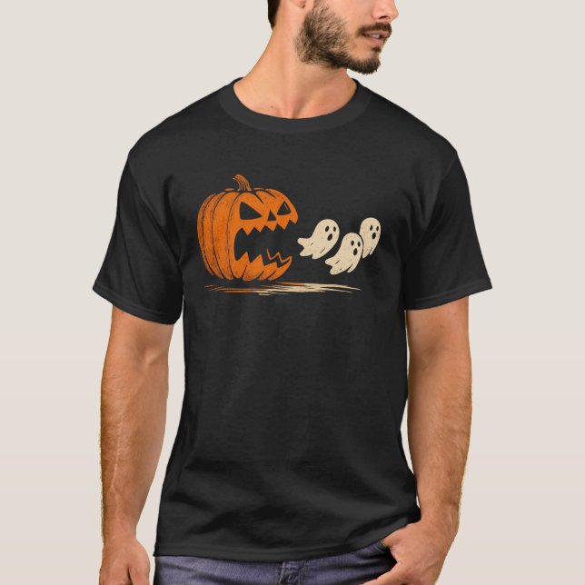 Cute Halloween Pumpkin Eats Ghosts Funny Gamer T-Shirt (Front)