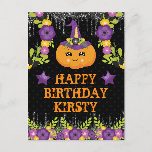 Cute Halloween Pumpkin Floral Happy Birthday Postcard (Front)