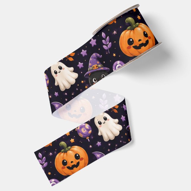Cute Halloween Pumpkin Ghost Cat Bat Pattern Art Grosgrain Ribbon (Front+Back)