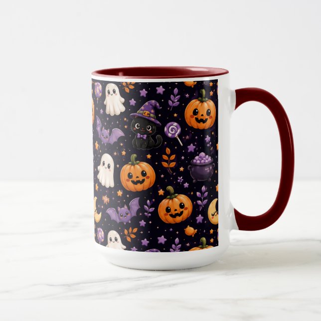 Cute Halloween Pumpkin Ghost Cat Bat Pattern Art Mug (Right)