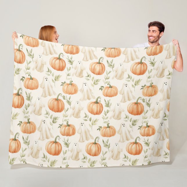 Cute Halloween Pumpkin Ghost Fleece Blanket (In Situ)