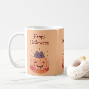 Cute Halloween Pumpkin Grey Cat Coffee Mug