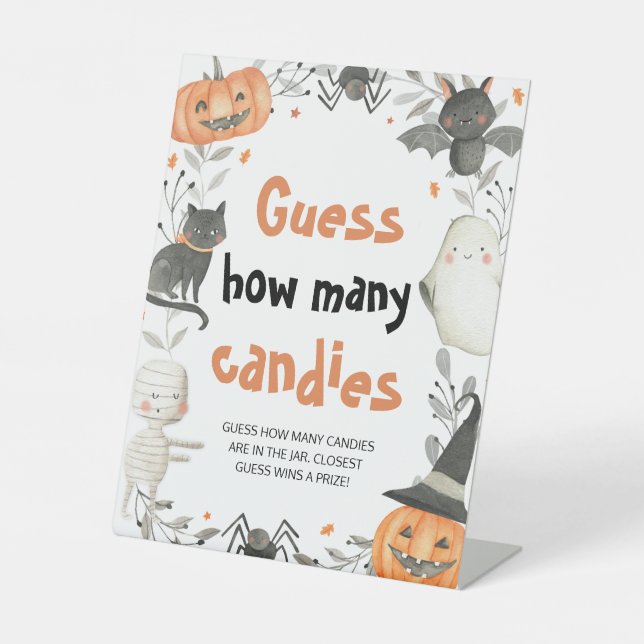 Cute Halloween Pumpkin Guess How Many Candies Game Pedestal Sign (Front)