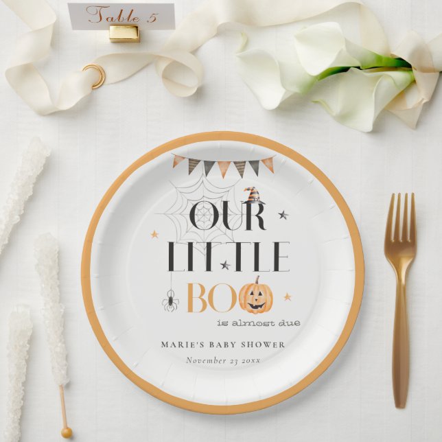 Cute Halloween Pumpkin Little Boo Baby Shower Paper Plate (Wedding)