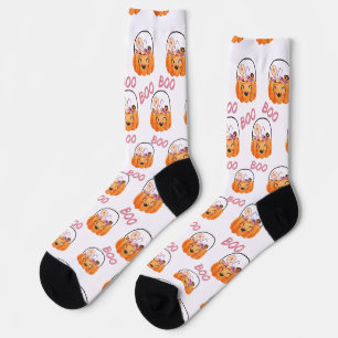 Cute Halloween Pumpkin Pail With Candy and Boo Socks