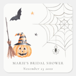 Cute Halloween Pumpkin Spider Web Bridal Shower Square Sticker