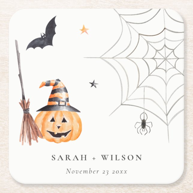 Cute Halloween Pumpkin Spiderweb Spooky Wedding Square Paper Coaster (Front)