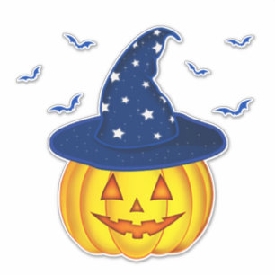 Cute Halloween Pumpkin Wearing Witch Hat & Bats