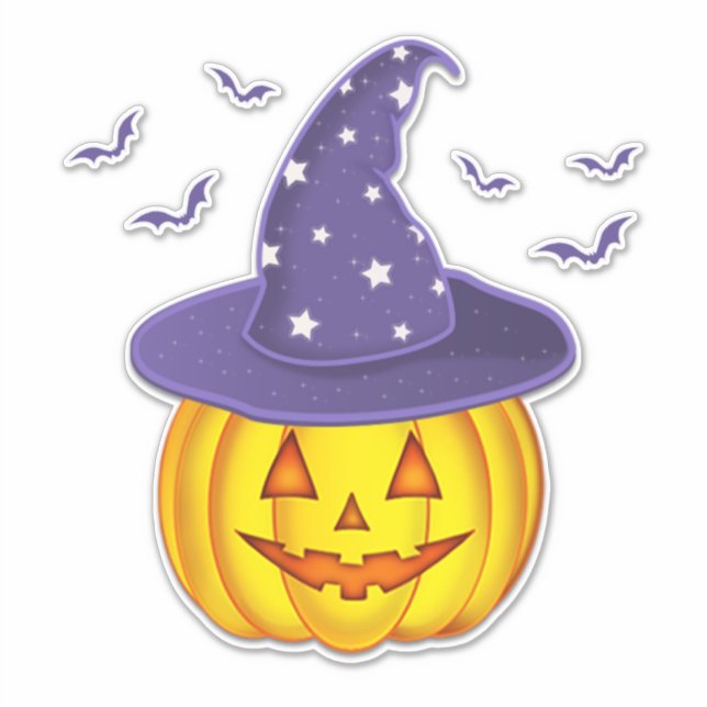 Cute Halloween Pumpkin Wearing Witch Hat & Bats (Front)