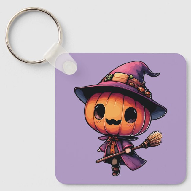 Cute Halloween pumpkin witch Key Ring (Front)