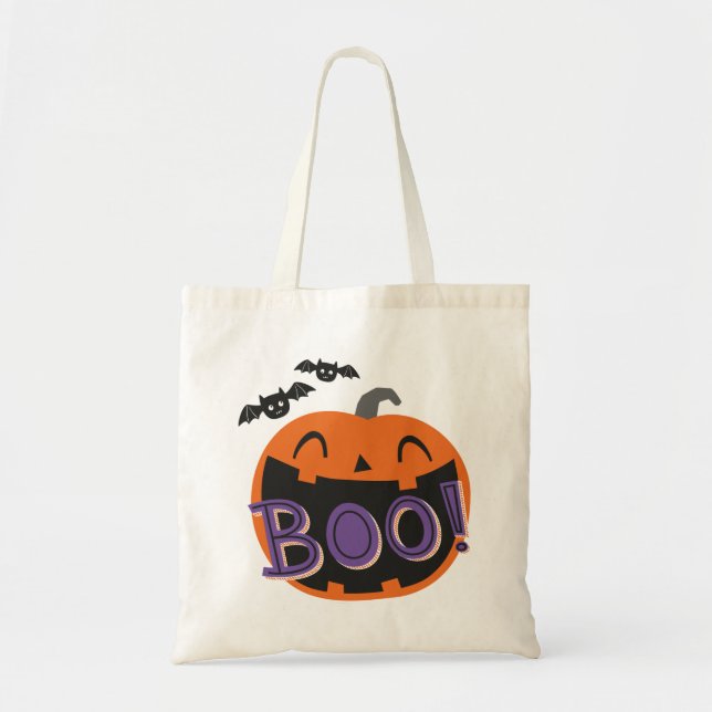 Cute Halloween Pumpkin with Handlettered Boo Tote Bag (Front)