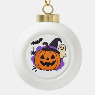 Cute Halloween Pumpkin with Witch Hat – Ghost & Ba Ceramic Ball Christmas Ornament