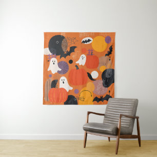 Cute Halloween Pumpkins and Ghosts Tapestry