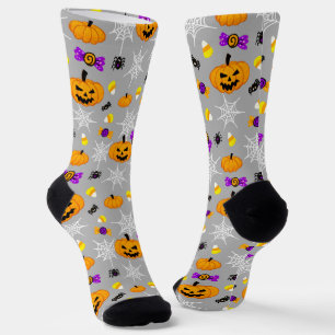 Cute Halloween Pumpkins and Spiders Pattern Grey Socks