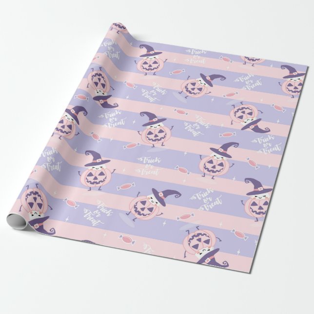 Cute Halloween Pumpkins and Witch Hats Pattern Wrapping Paper (Unrolled)