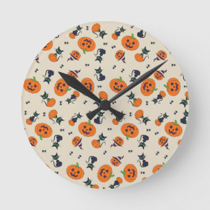 Cute Halloween Pumpkins & Black Cats Pattern Fleec Round Clock
