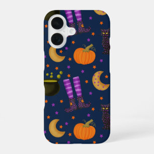 Cute Halloween Pumpkins, Cats, and Moons iPhone 16 Case