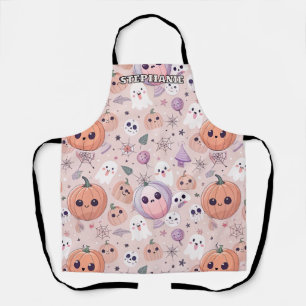 Cute Halloween Pumpkins & Ghosts on Pink Seamless Apron