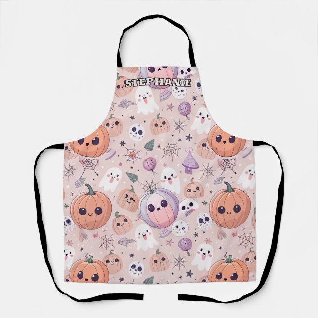 Cute Halloween Pumpkins & Ghosts on Pink Seamless Apron (Front)