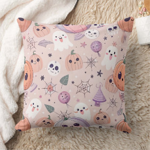 Cute Halloween Pumpkins & Ghosts on Pink Seamless Cushion
