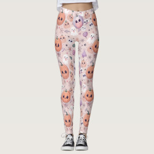 Cute Halloween Pumpkins & Ghosts on Pink Seamless Leggings