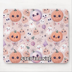 Cute Halloween Pumpkins & Ghosts on Pink Seamless Mouse Mat