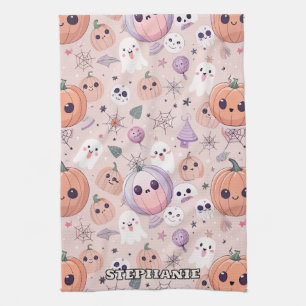 Cute Halloween Pumpkins & Ghosts on Pink Seamless Tea Towel