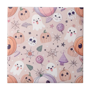 Cute Halloween Pumpkins & Ghosts on Pink Seamless Tile