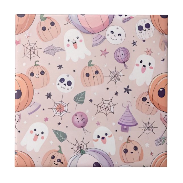 Cute Halloween Pumpkins & Ghosts on Pink Seamless Tile (Front)